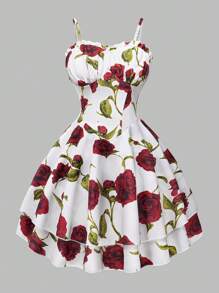 Teen Girls Red Rose Floral Bubble Sleeve Waist Fit Short Dress, Suitable For Spring/Summer, Holiday