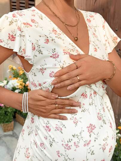 SHEIN Ditsy Floral Short Cap Sleeve Nursing T-Shirt For Festive Summer Women's Summer