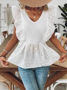 SHEIN LUNE Women's V-Neck Embroidered Cap Sleeve Casual Tank Top - White - View 4