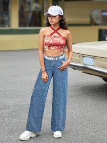 SHEIN 少女复古水洗休闲牛仔裤，复古 Y2K 街头风格 - 中等水洗藍 - 查看 3