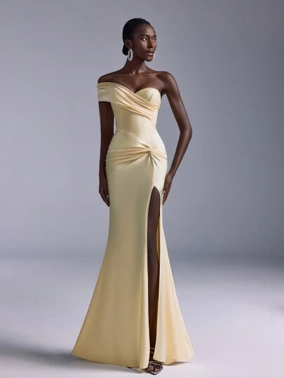 SHEIN Belle Elegant Stretch Knit Swim Dress With Ruched Sleeve, High Slit Mermaid Hem, Suitable For Weddings, Parties, Honeymoons, Proms, Bridesmaids, (Adult Sizes)