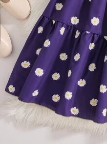 1 件 Tween Girl 蕾丝彼得潘领雏菊花卉印花长袖休闲度假连衣裙，春夏 - 彩色 - 查看 4