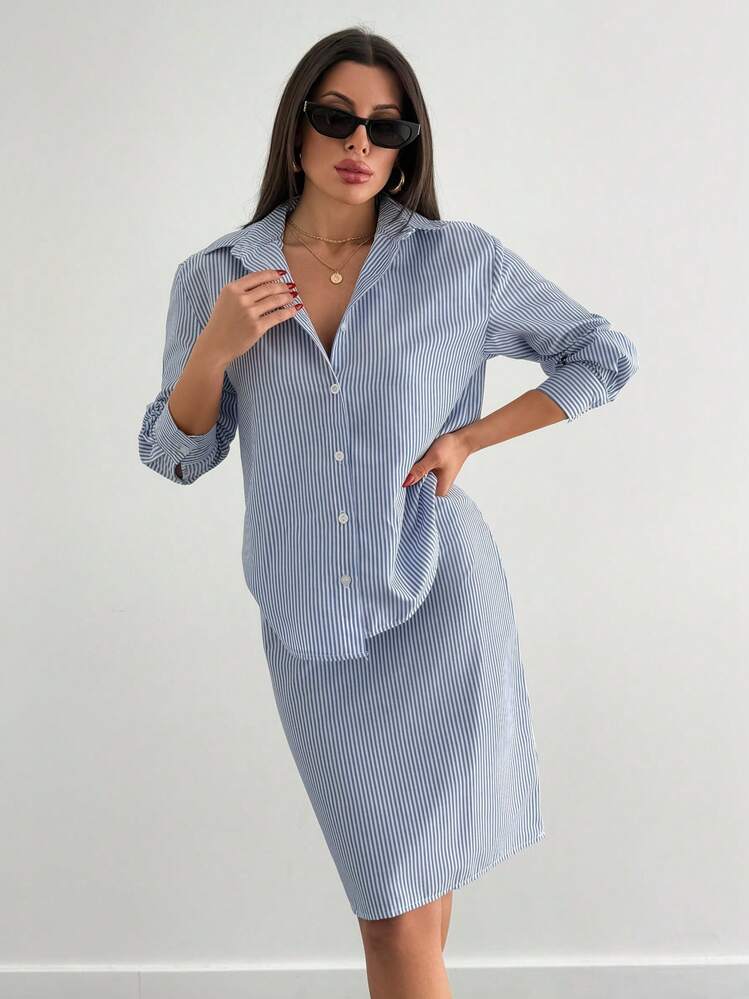 RueChic 女士单排扣长袖条纹衬衫和迷你裙休闲套装 - 藍色 - 查看 3
