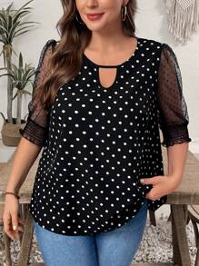 EMERY ROSE 大码女式波点雪纺拼布衬衫，浪漫优雅，春夏