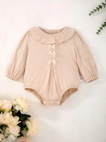 Newborn Baby Apricot Ruffled Collar Elegant Lace Bow Long Sleeve Romper Pajamas - Apricot - View 3