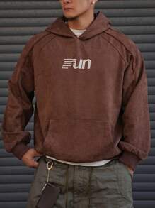 DAZY Men's Color Block Letter Print Hooded Sweatshirt - Coffee Brown - View 1