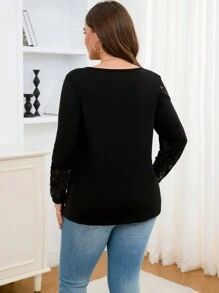 SHEIN Clasi Plus Size Casual Solid Color Contrast Lace Asymmetric Neck T-Shirt