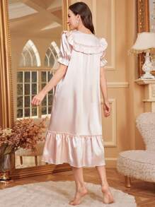 V-Neck Single Breasted Ruffle Trim Faux Silk Short Sleeve Nightgown - Dusty Pink - View 2