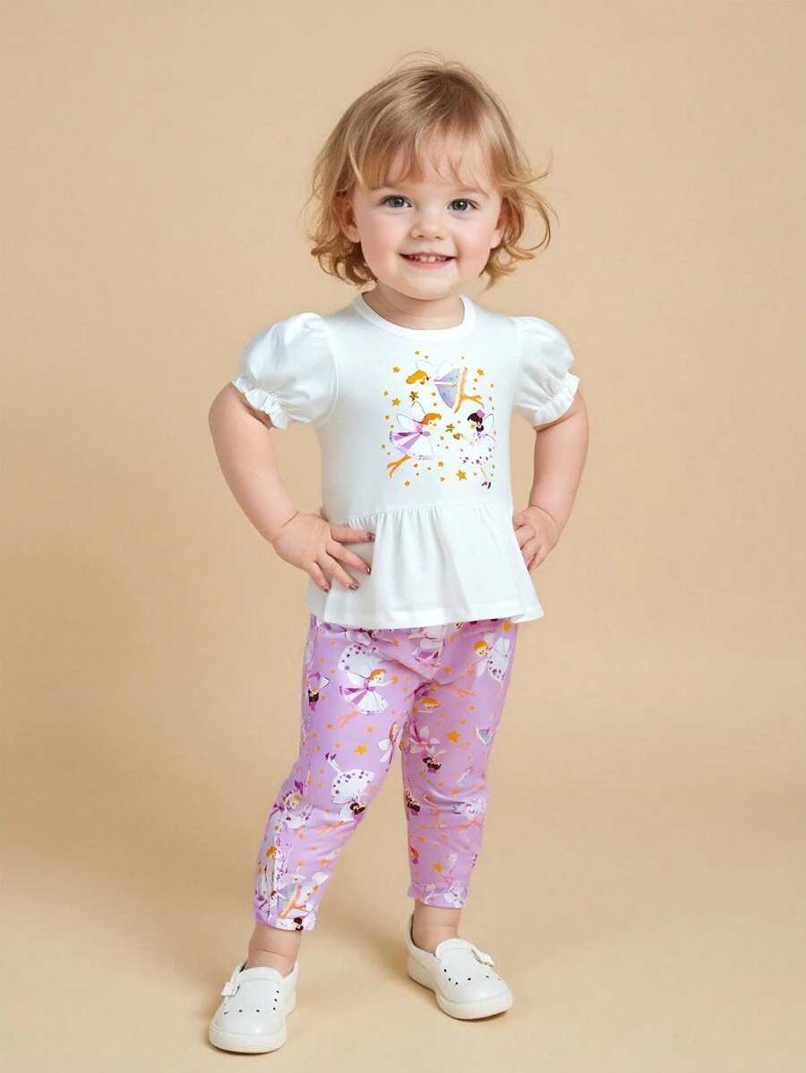 2pcs/Set Young Girl Casual Fairy Tale Fairy Pattern Puffy Sleeve Ruffle Edge Short T-Shirt And Fairy Print Long Pants Set - White - View 1