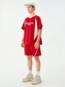 SHEIN Short de sport décontracté personnalisé de style rétro pour jeune garçon, un élément polyvalent indispensable pour les fêtes d'étudiants - Rouge - Voir 5
