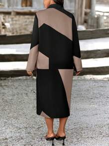 EMERY ROSE 女式涤纶衬衫裙，休闲几何拼色纽扣口袋衬衫领中长连衣裙，适合日常和休闲约会 - 彩色 - 查看 2