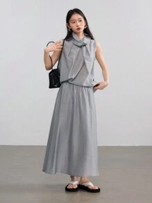 Dazy-Less 2pcs Women Pleated Linen Collar Set Old Money Style - Grey - View 6