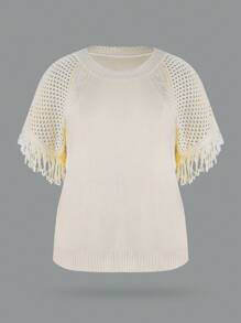 Breezaya Plus Size Boho Round Neck Fringed Casual Daily Wear Spring Summer Short Sleeve Knitwear Top