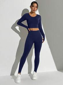 Easithlete Conjunto deportivo sin costuras de unicolor con espalda descubierta, manga larga y pantalones para mujer - Azul Marino - Ver 5