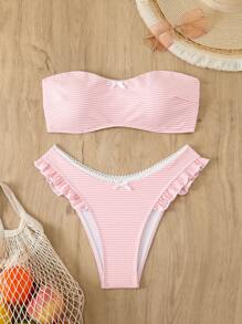 Swim Mod Summer Women's Cute Sweet Bandeau Bowknot Ruffle Edge Bikini Swimwear Set - Pink - View 5