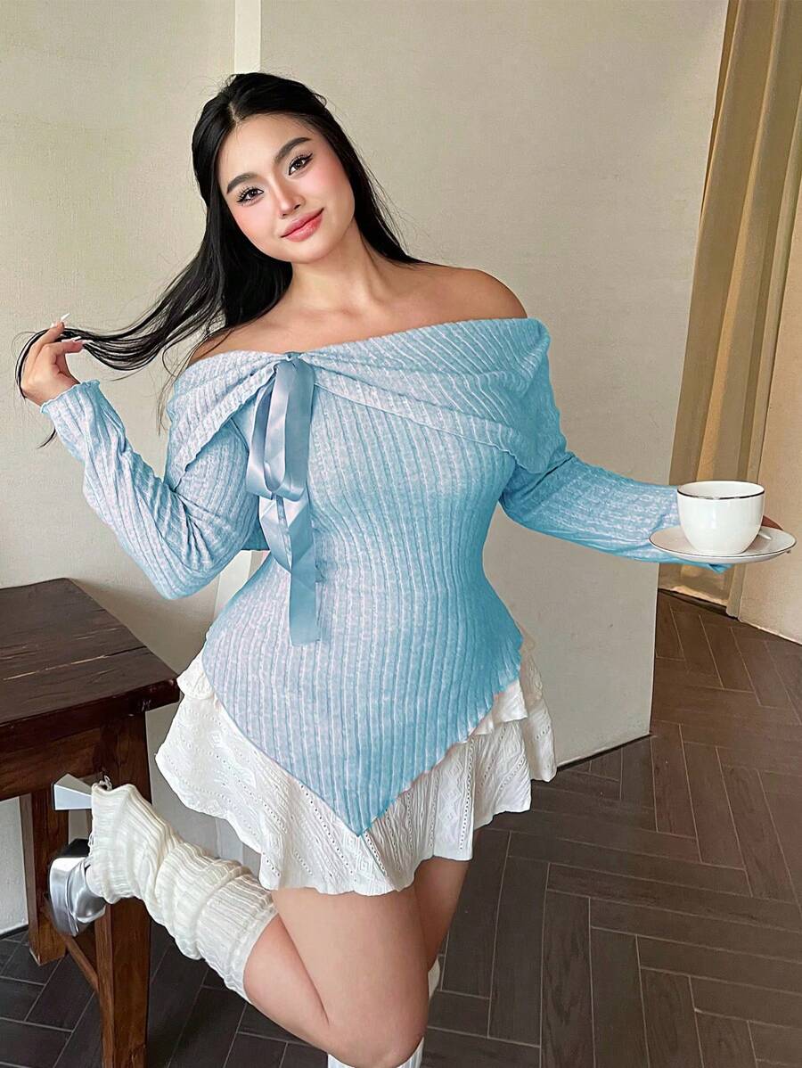 Celure 大码女式纯色露肩长袖罗纹 T 恤 - 藍色 - 查看 1