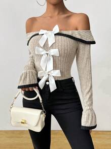 Chiquease Women's Black Open Shoulder Butterfly Knit Top, Elegant Autumn Wear