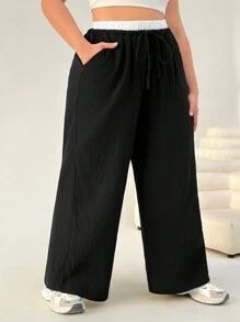 SHEIN EZwear Plus Size High Waist Black & White Contrast Palazzo Pants,Spring Summer Clothes - Black and White - View 4
