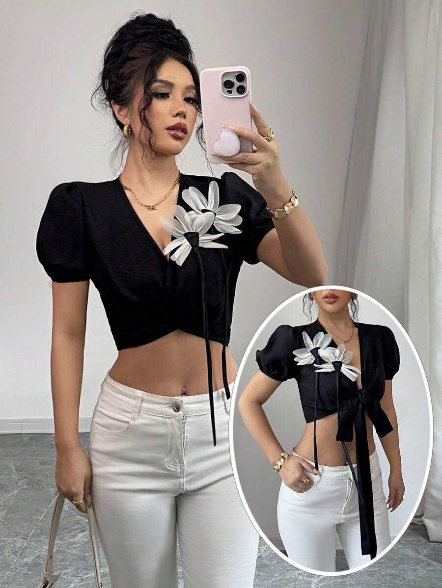 Chiquease 女装3D碎花性感可爱派对情人节约会聚会休闲度假旅游蝴蝶结扭结多种穿法2025夏季新款黑色泡泡袖短袖女上衣 - 黑色 - 查看 1