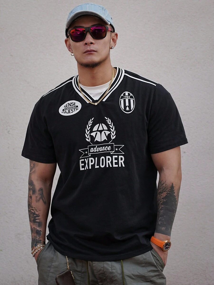 DAZY Men's Contrast Color Letter Print Sport T-Shirt,Graphic Tees - Black - View 1