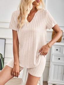 SHEIN LUNE Women's Casual Solid Notch Neck Short Sleeve & Shorts 2 Pieces Set - Apricot - View 6