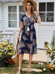 SHEIN LUNE Women Plant Print V-Neck Short Sleeve Mid-Calf Casual Dress - Multicolor - View 4