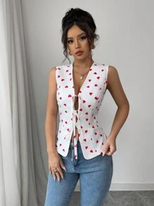 Elenzga Valentine's Day Casual Heart Print Tied Front Camisole