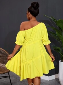 Slaydiva 大码女式轻盈喇叭 A 字形连衣裙，休闲清新 - 黃色 - 查看 4
