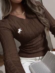 SHEIN EZwear 女士休闲简约刺绣细节修身毛衣，秋冬季上学上衣 - 棕色 - 查看 5