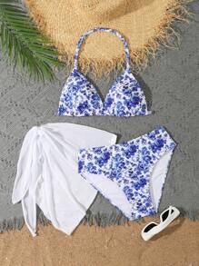 SHEIN Teen Girl  Summer Beach 3packs Floral Print Halter Triangle Bikini & Beach Skirt,3 Piece Swinwear - Multicolor - View 1
