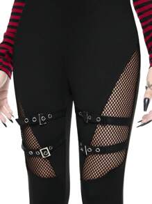 ROMWE Grunge Punk PUNK Style Mesh Patchwork Eyelet Strap Mid-Waist Leggings - Black - View 3