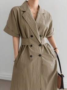 Dazy-Less Đầm suông màu trơn bó eo đơn giản cổ chữ V phong cách công sở, dài đến bắp chân cho nữ, váy suông - xanh quân đội - Xem 7