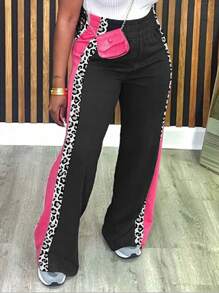 INAWLY Women's Casual Leopard Print Patchwork Wide Leg Sweatpants, Suitable For Autumn/Winter