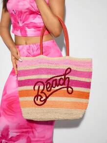 SHEIN BAE Casual Holiday Colorblock Striped Letter Embroidery Tote Bag - Hot Pink - View 5