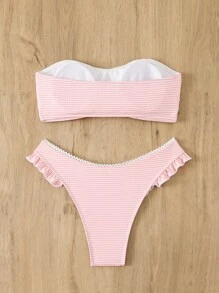 Swim Mod Summer Women's Cute Sweet Bandeau Bowknot Ruffle Edge Bikini Swimwear Set - Pink - View 6