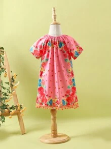 SHEIN Vestido de vacaciones de niña joven con decoración floral, colorida, con flecos y pompones - Multicolor - Ver 2