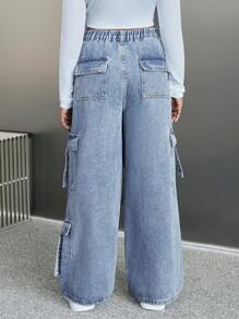 SHEIN Tween Girl's Y2K Loose Casual Denim Jeans With Pockets, Pleats, And Wide-Legged Design,Girls Casual Button,Pocket,Zipper Drop Waist Wide Leg Long Blue Loose Girls Jeans,Fall/Winter,Casual Daily Wear - Light Wash - View 2