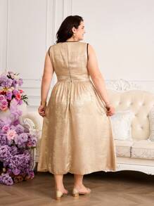 SHEIN Vestido de Veludo Preto e Dourado com Emenda de Plus Size para Mulheres, Gola Redonda, Sem Mangas, Cinto, Bainha em A, Estilo Elegante Adequado para Festa e Ocasiões, Verão (Conjuntos Combinando Mamãe e Eu, 2 Peças Vendidas Separadamente) - Vinho - Visão 2