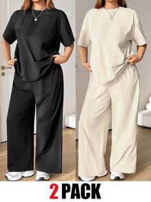 Solflare 2pcs/Set Plus Size Women's Apricot & Black Short Sleeve Top And Pants Two Pieces Set, Multi-Color,Spring Summer Clothes - Multicolor - View 1