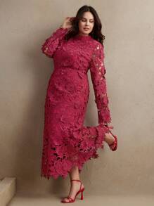 Anewsta 大码女式蕾丝安哥拉酒红色长袖优雅美人鱼连衣裙，适合外出、节日、春季、度假 - 酒紅色 - 查看 4