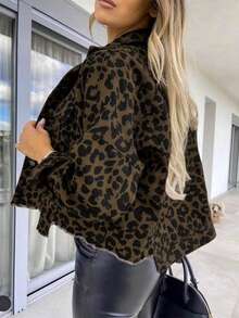 Leopard Print Raw Hem Cropped Denim Jacket - Long Sleeve Versatile Basic Coat For Women Fall Winter