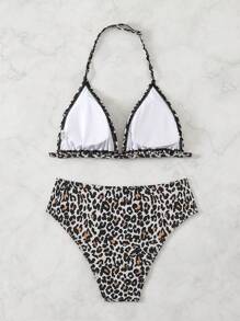 SHEIN Teen Girl Leopard Print Spaghetti Strap Cropped Tankini Swimwear Set, Summer Holiday - Brown - View 2