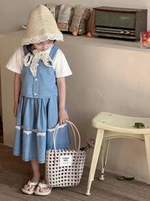 DAZY Young Girl Solid Color Patchwork Wide Strap Button Decor Minimalist Top And Denim Skirt Matching Set,Girls Summer Outfits - Blue - View 4
