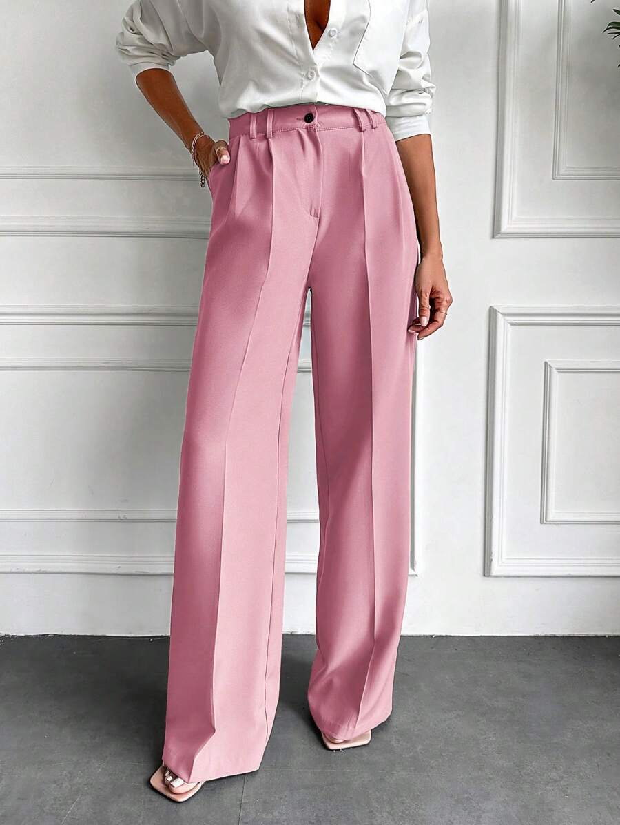 EURMUSE Solid Slant Pocket Suit Pants - Dusty Pink - View 1