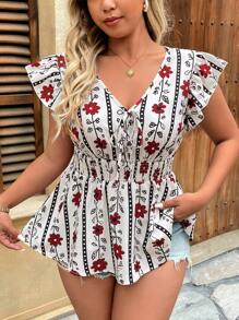 Breezaya 大码波西米亚风女式随机印花 V 领荷叶边袖腰部收口花卉帽袖休闲衬衫，舒适百搭，适合新年、音乐节、情人节、狂欢节、休闲聚会、海滩度假、公园野餐、通勤等。面料舒适，设计时尚，物有所值。，适合夏季