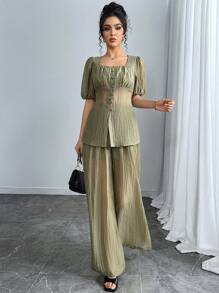 Solavon 2pcs/Set Women Solid Color Button Design Short Sleeve Shirt & Pants Suit - Green - View 4