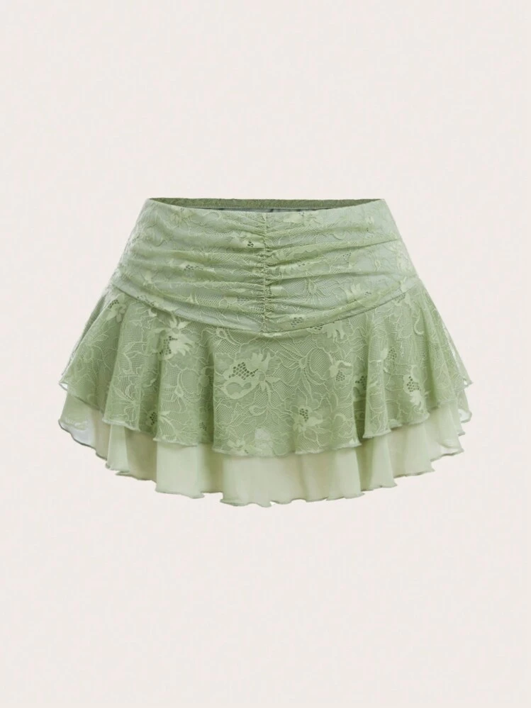 SHEIN Sweetina Women's Pleated Simple Lace Patchwork Wide Waistband A-Line Skirt, Casual Holiday - Mint Green - View 1