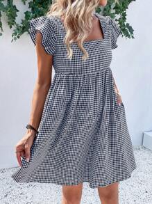 Breezaya 格子方领蝴蝶袖罩衫连衣裙，女士可爱荷叶边盖袖方领常规款式短款棕色荷叶边袖格子罩衫女式短裙，春夏，休闲日常装度假沙滩装 - 彩色 - 查看 4