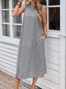 EMERY ROSE Vestido corto casual y holgado de viscosa con cuello redondo, mangas cortas, bolsillo y línea A con estampado a cuadros - Blanco y Negro - Ver 6