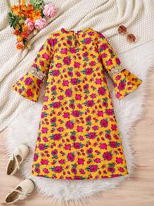 Young Girl Ditsy Floral Flare Sleeve Vacation Casual Dress - Yellow - View 2